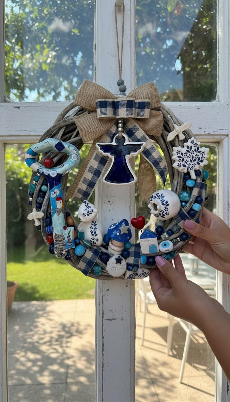 El Yapımı Çini Kapı Süsü – Doğal Ahşap Kapı Çelengi (30 cm)