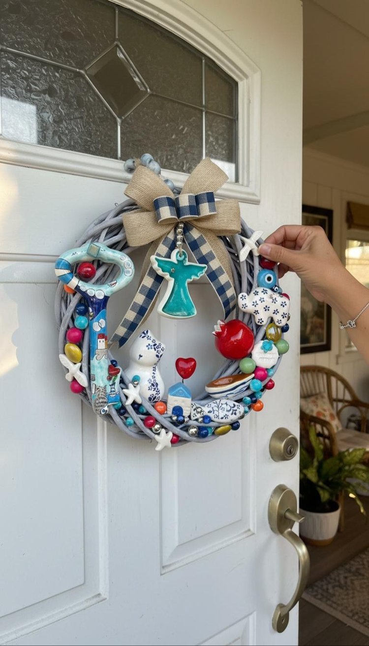 El Yapımı Çini Kapı Süsü – Doğal Ahşap Kapı Çelengi (30 cm)