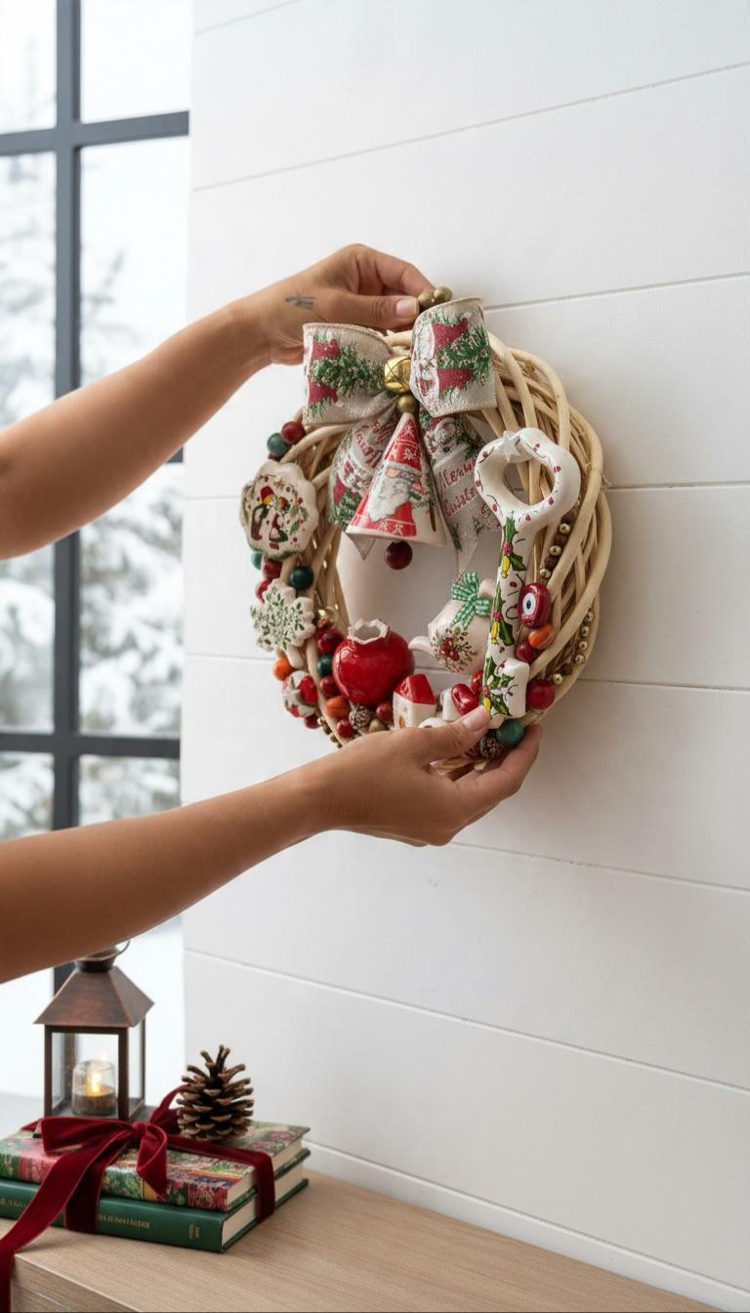 El Yapımı Çini Kapı Süsü – Doğal Ahşap Kapı Çelengi (30 cm)