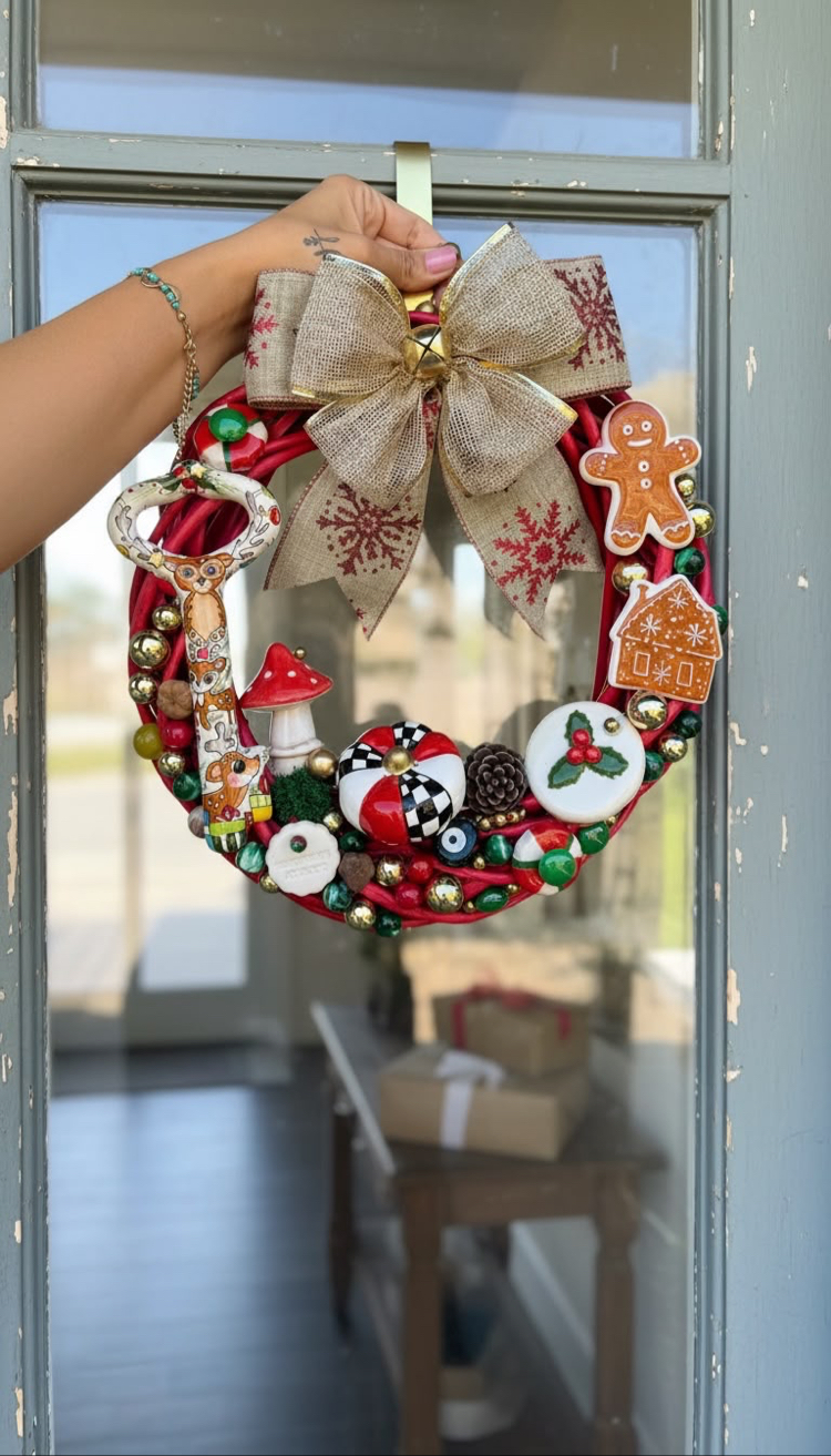 El Yapımı Çini Kapı Süsü (12) - Doğal Ahşap Kapı Çelengi (30 cm)