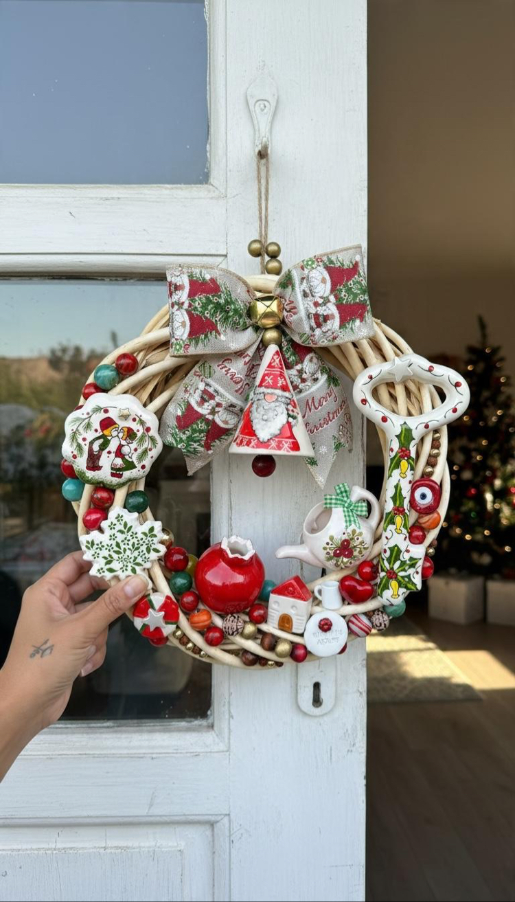 El Yapımı Çini Kapı Süsü – Doğal Ahşap Kapı Çelengi (30 cm)