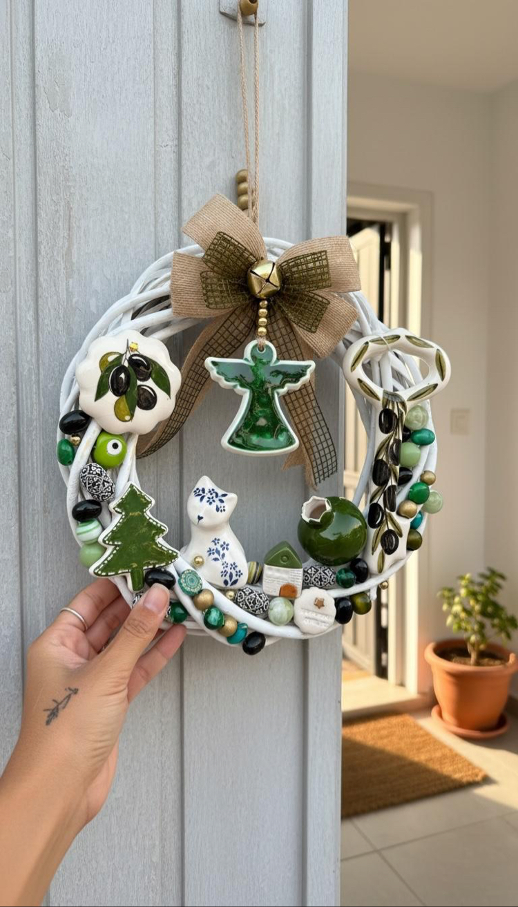 El Yapımı Çini Kapı Süsü – Doğal Ahşap Kapı Çelengi (30 cm)