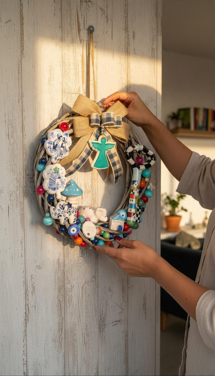 El Yapımı Çini Kapı Süsü - Doğal Ahşap Kapı Çelengi (30 cm)