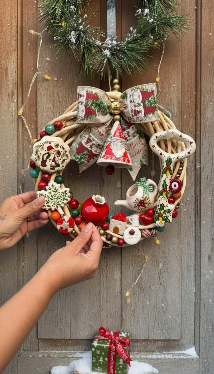 El Yapımı Çini Kapı Süsü – Doğal Ahşap Kapı Çelengi (30 cm)