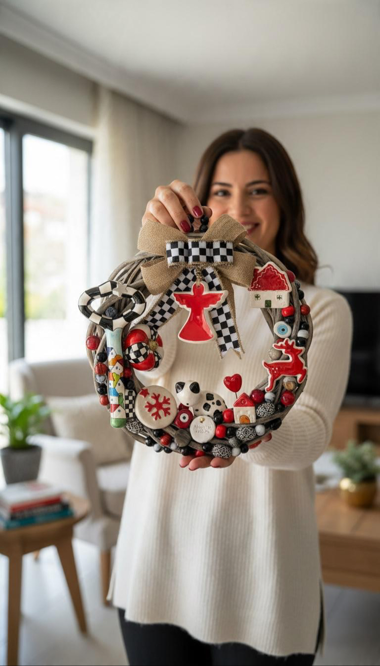 El Yapımı Çini Kapı Süsü - Doğal Ahşap Kapı Çelengi (30 cm)
