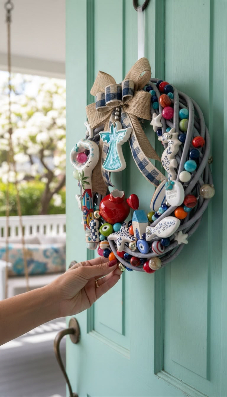 El Yapımı Çini Kapı Süsü – Doğal Ahşap Kapı Çelengi (30 cm)