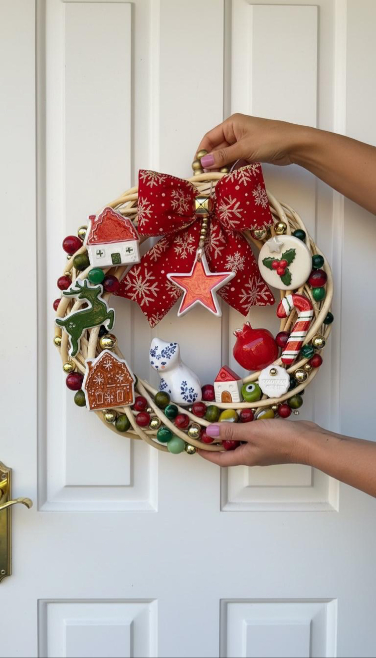 El Yapımı Çini Kapı Süsü (5) – Doğal Ahşap Kapı Çelengi (30 cm)