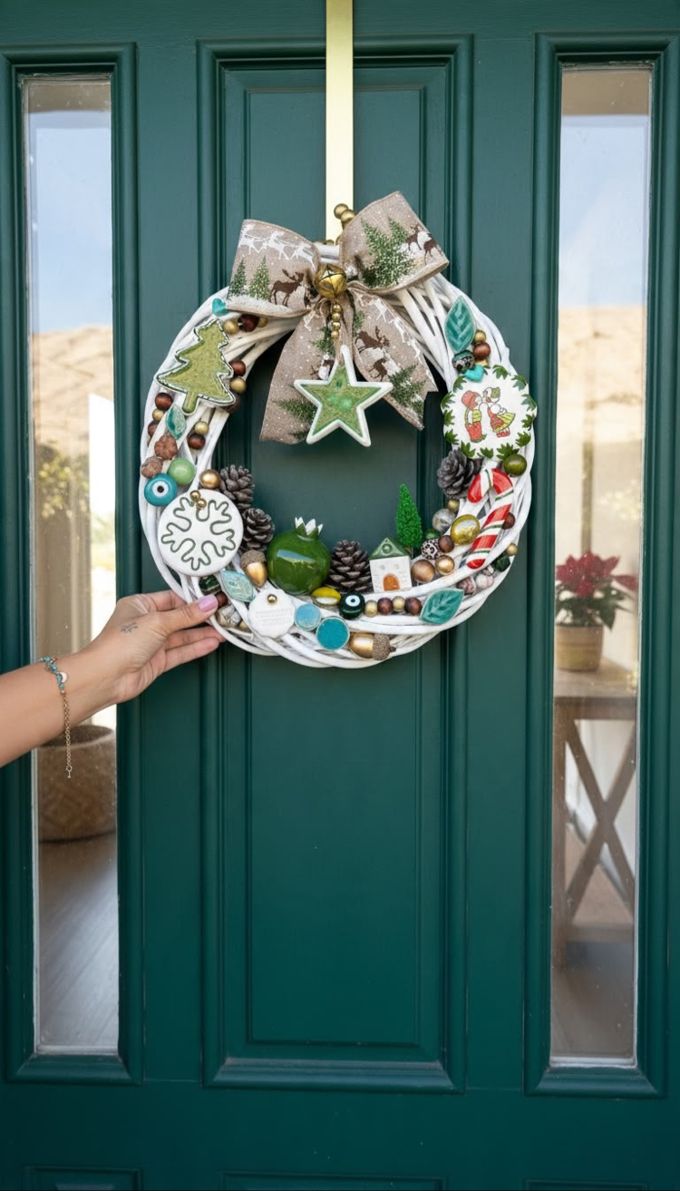 El Yapımı Çini Kapı Süsü (13) - Doğal Ahşap Kapı Çelengi (30 cm)