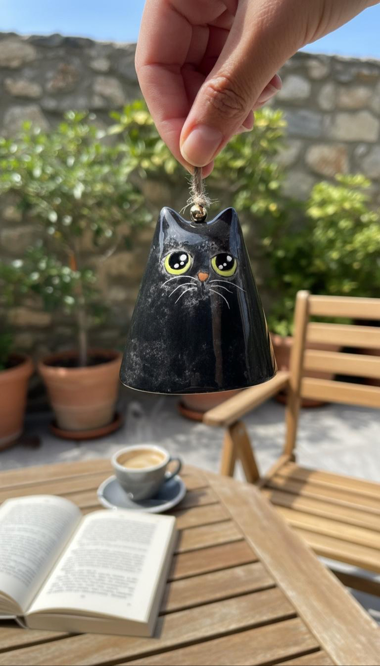 Seramik Kara Kedi Çan