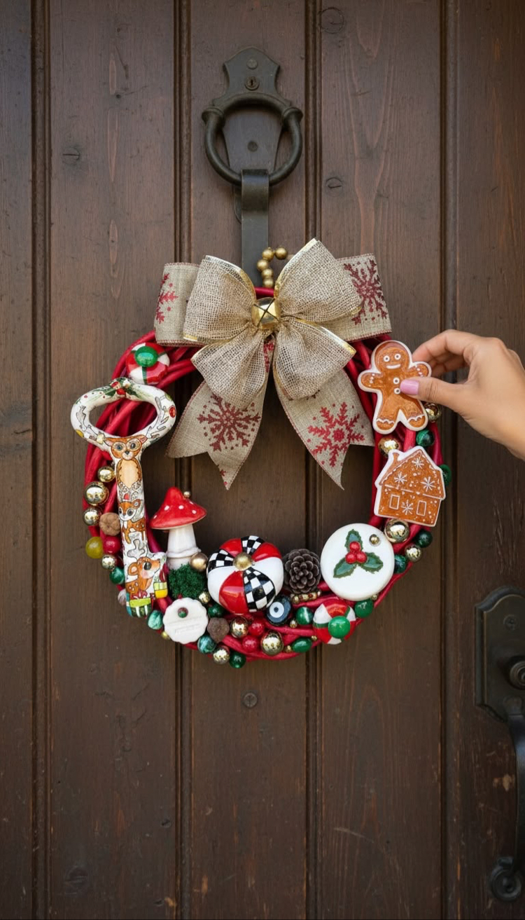El Yapımı Çini Kapı Süsü (12) - Doğal Ahşap Kapı Çelengi (30 cm)