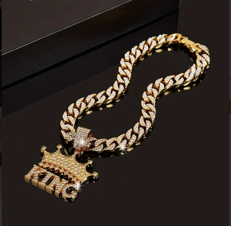  Taç KRAL Küba Zincir Kolye İçine Yerleştirilmiş Rhinestones Unisex 