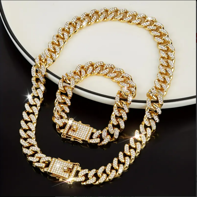 1 Kolye + 1 Bilezik Hip Hop Tarzı Takı Seti Küba Zincir Tasarım