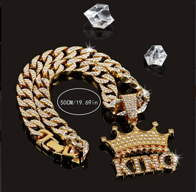  Taç KRAL Küba Zincir Kolye İçine Yerleştirilmiş Rhinestones Unisex 