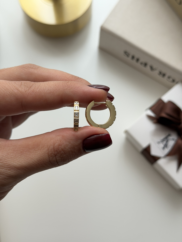 14k Gold Altın Kaplama Kare Taşlı Model Halka Küpe (1,5 cm)