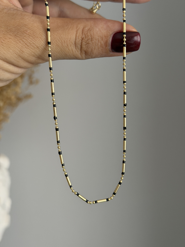 14k Altın Kaplama Siyah Boncuklu Kolye(45cm)
