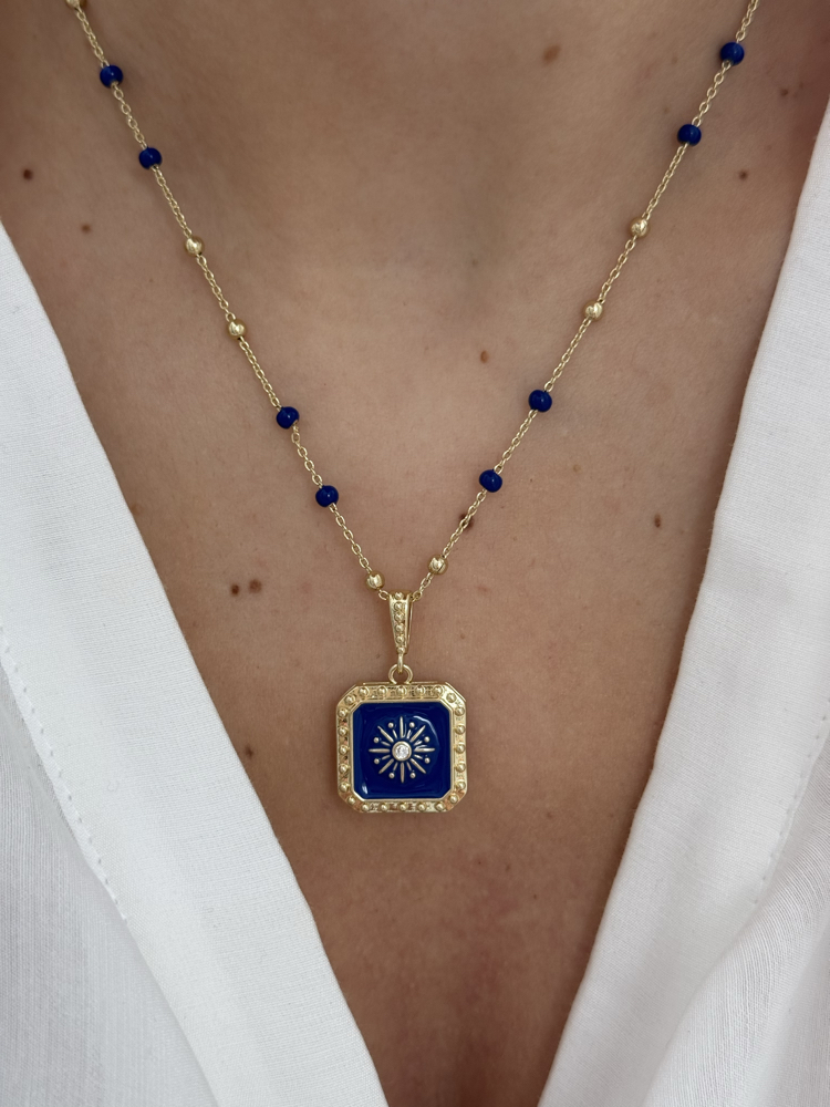 14k Altın Kaplama Lacivert Plaka Topçuk Detay Gold Kolye(48cm)
