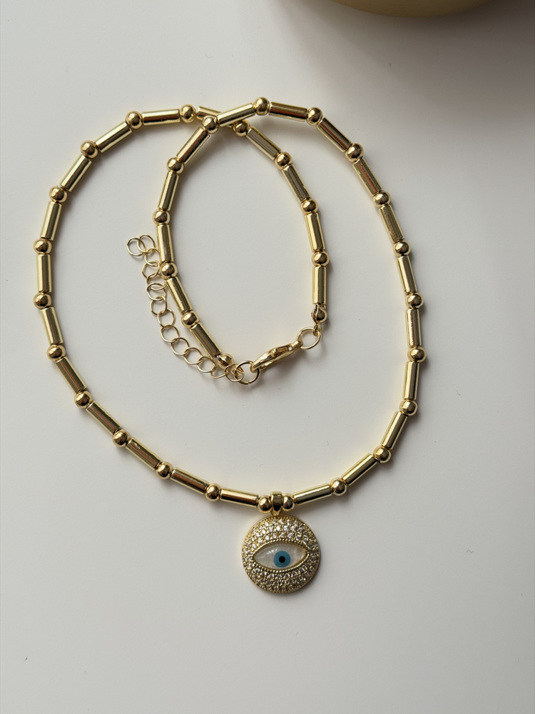 Mavi Taşlı Göz Detay Gold Kolye