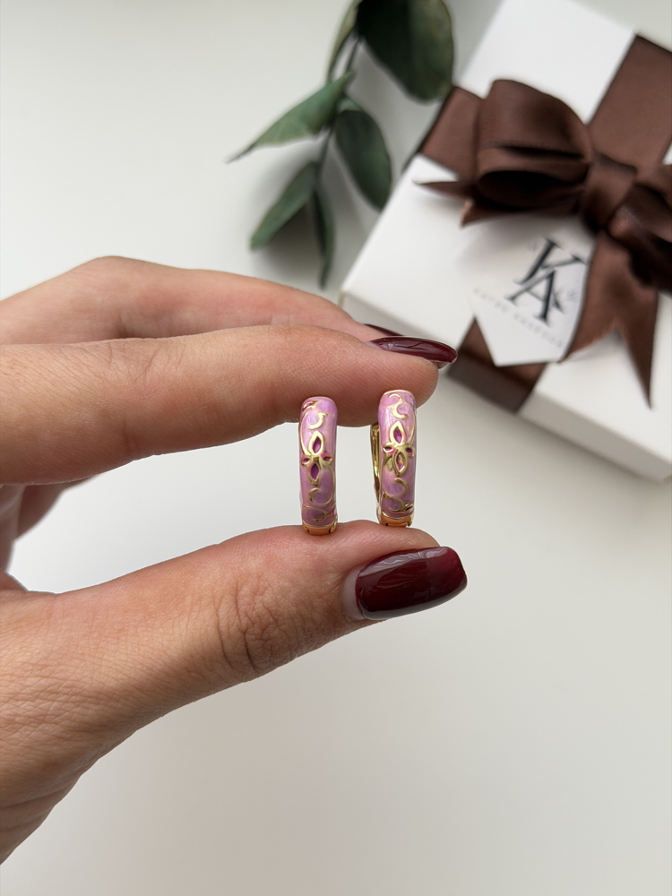 Lila Mineli Gold Yapraklı Küpe(2cm)