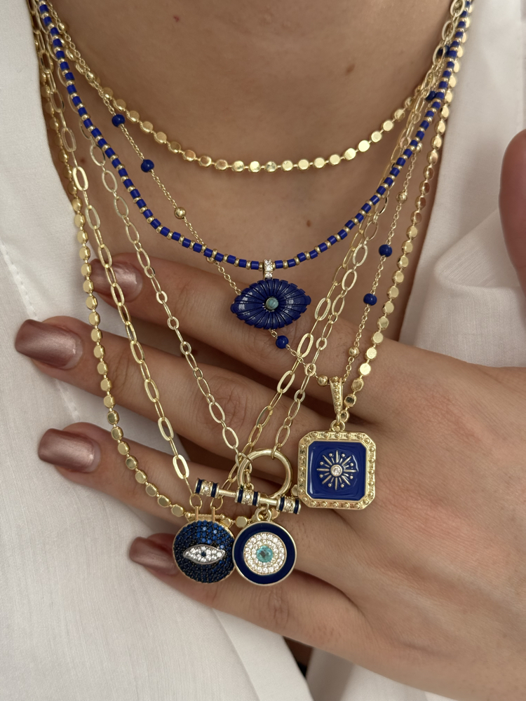 14k Altın Kaplama Lacivert Plaka Topçuk Detay Gold Kolye(48cm)