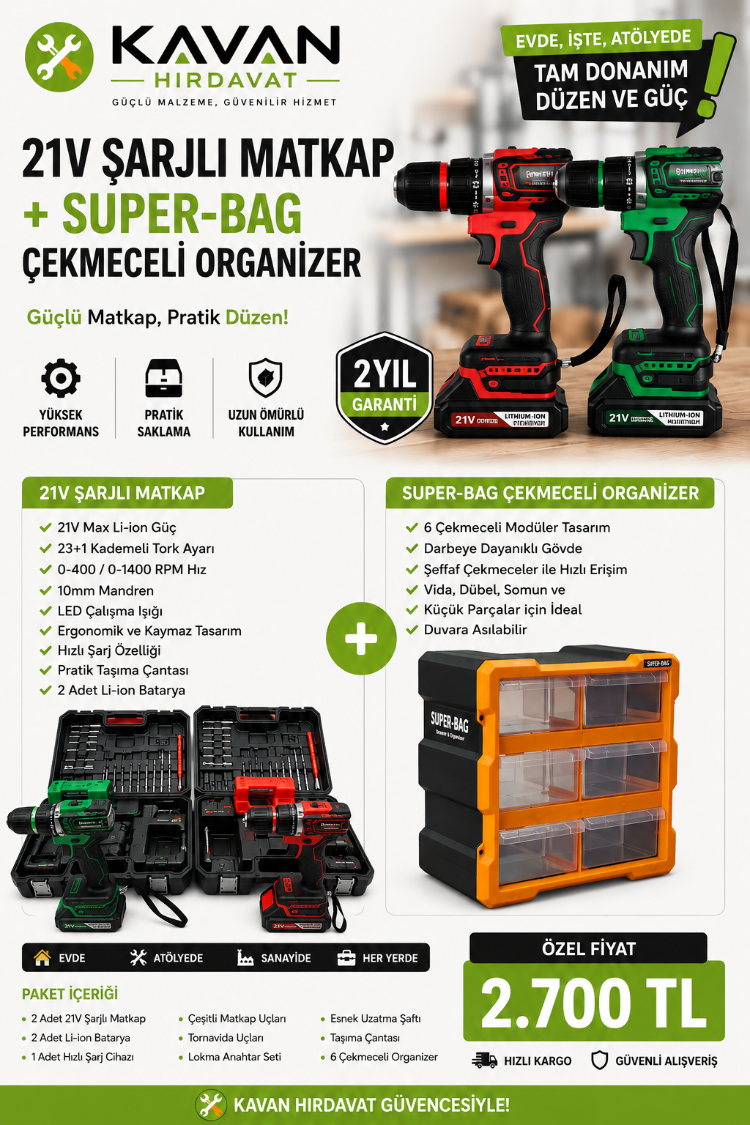 21V Profesyonel Matkap Seti + Organizer