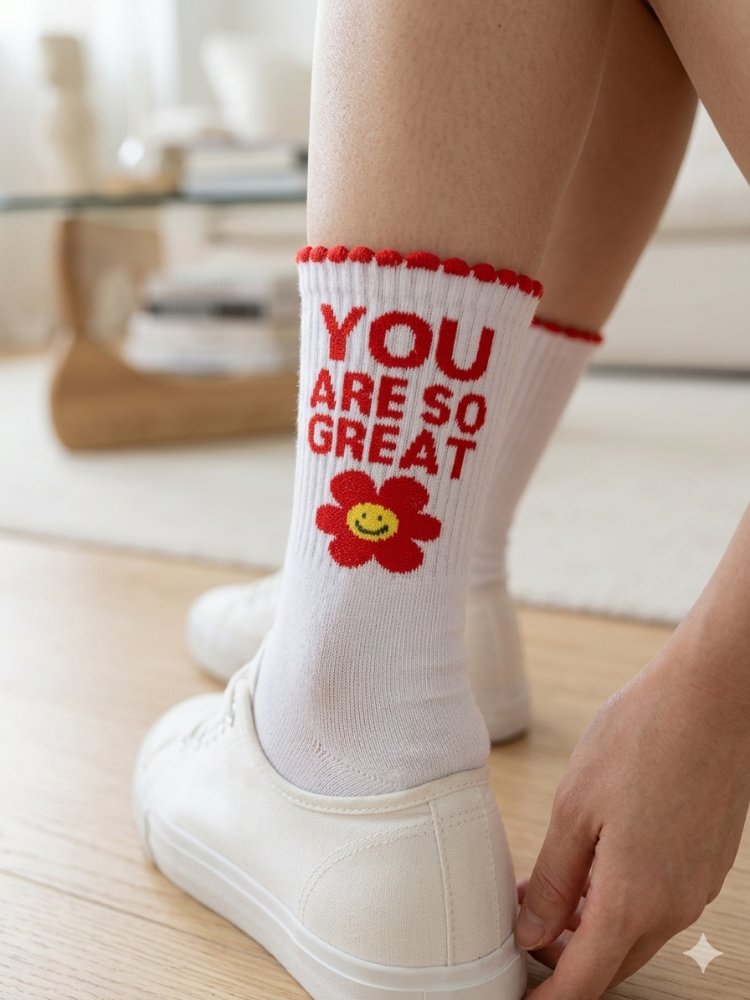 You are so great Desenli Beyaz Tenis Çorap
