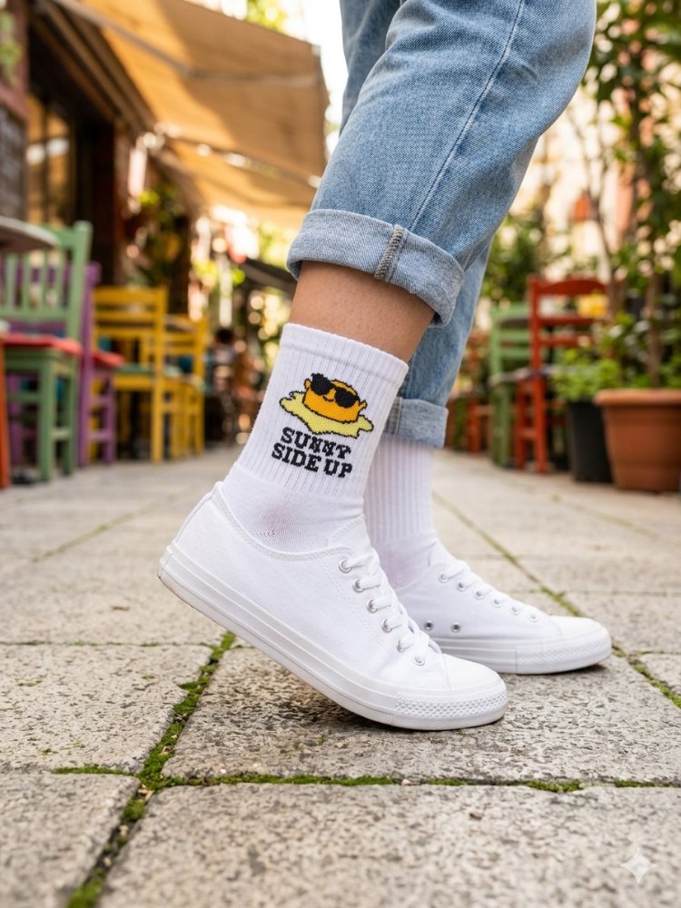 Sunny Side Up Desenli Beyaz Tenis Çorap