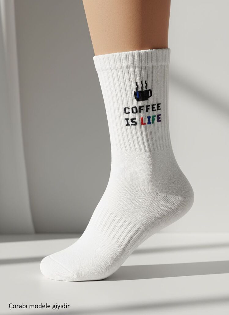 Coffee is life Desenli Beyaz çorap