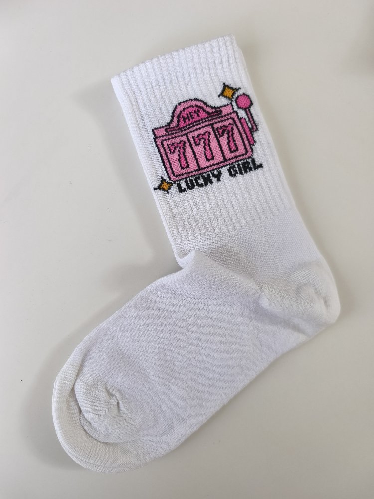 Lucky Girl 777 Desenli Beyaz Tenis Çorap