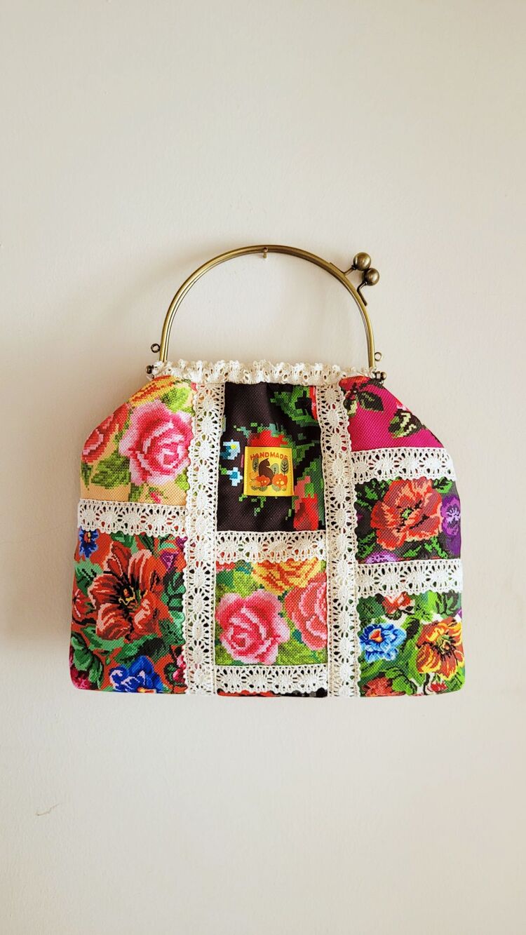 Metal klipsli çanta patchwork tarz