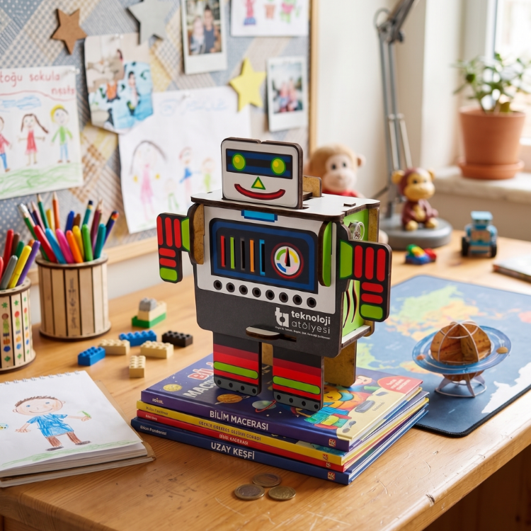 Ahşap Işıklı Robot Kumbara STEM Eğitici Deney Seti