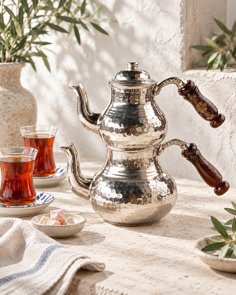 Küçük Boy Bakır Ahşap Kulplu Çaydanlık – %100 Saf Bakır, Kalaylı İç Yüzey