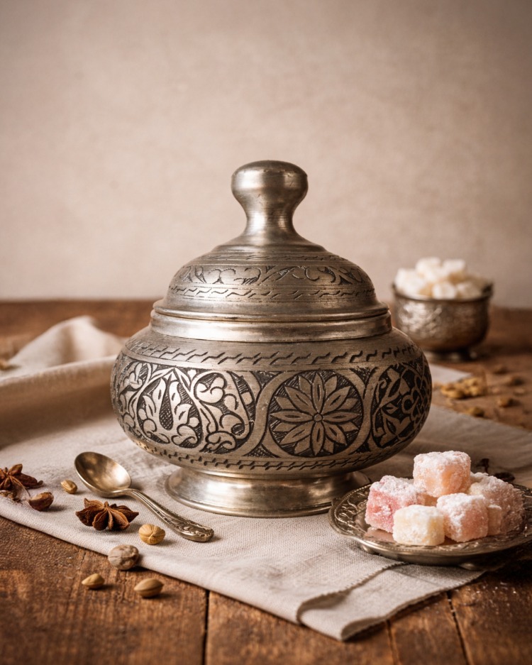 El İşleme Bakır Şekerlik – Kalaylı, Çok Amaçlı Dekoratif Şekerlik (18 cm)