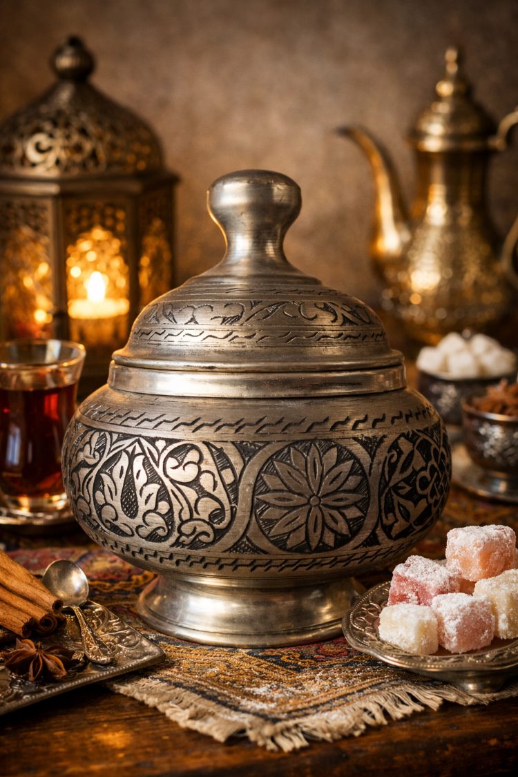 El İşleme Bakır Şekerlik – Kalaylı, Çok Amaçlı Dekoratif Şekerlik (18 cm)