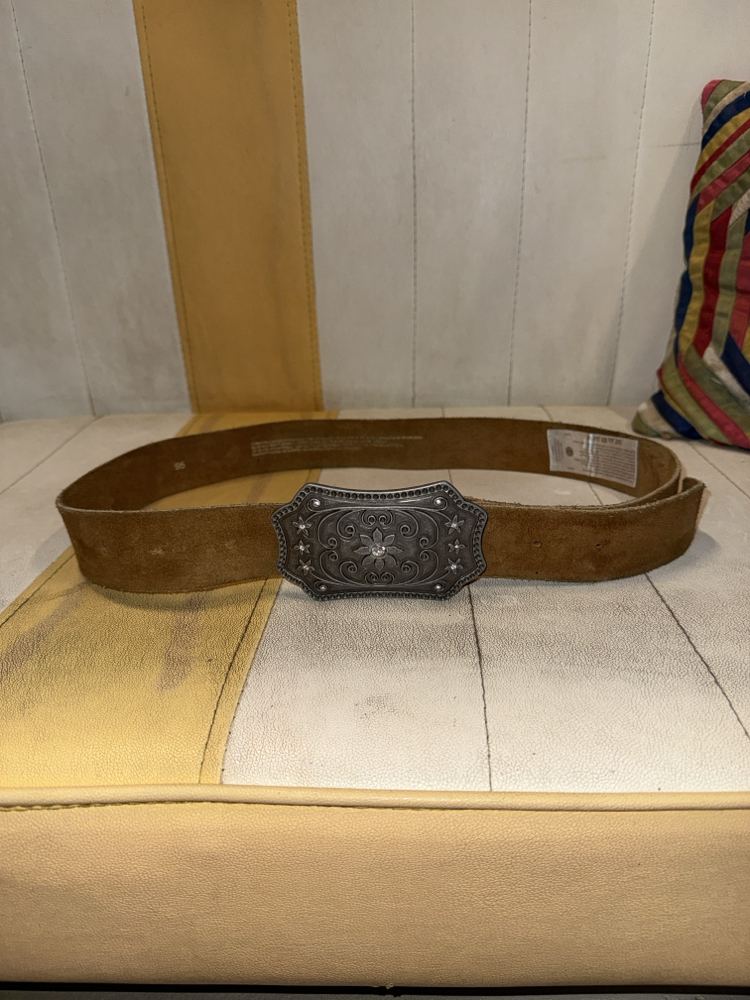 Y2K Brown Suede Leather Belt – Western Cowboy Style with Engraved Floral Rhinestone Buckle