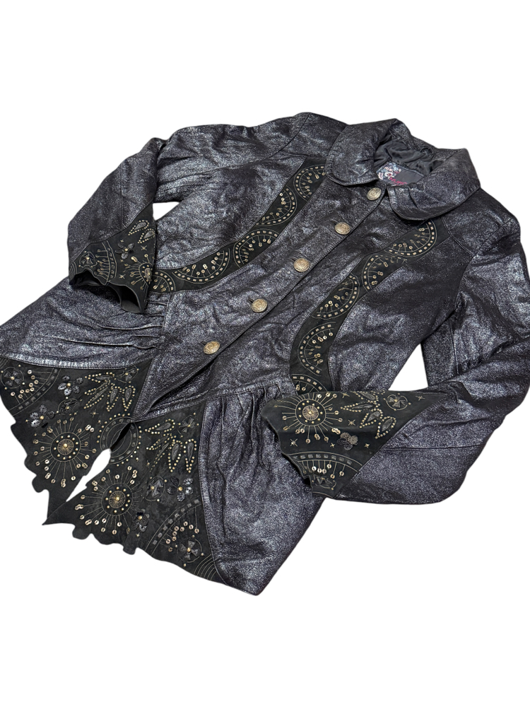 90's Embellished & Sequined Black Leather Jacket