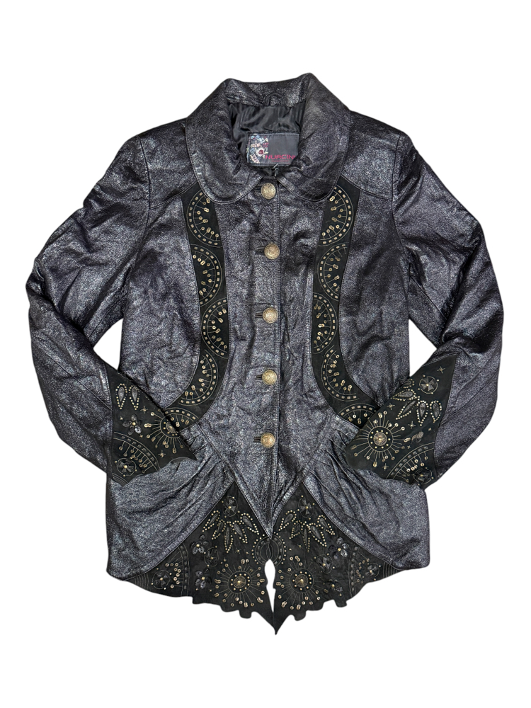 90's Embellished & Sequined Black Leather Jacket
