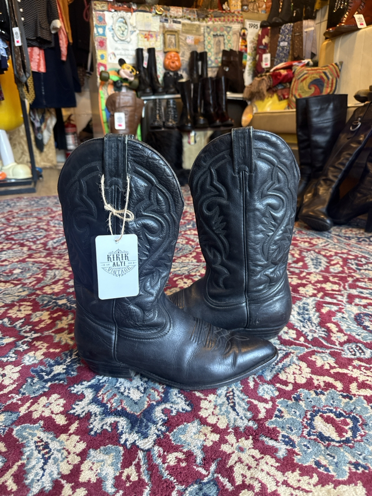 Cowboy Boots Black Genuine Leather Embroidered