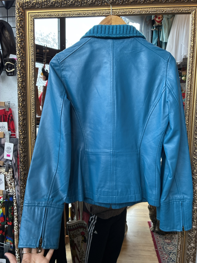 Asymmetric Pocket Teal Leather Jacket