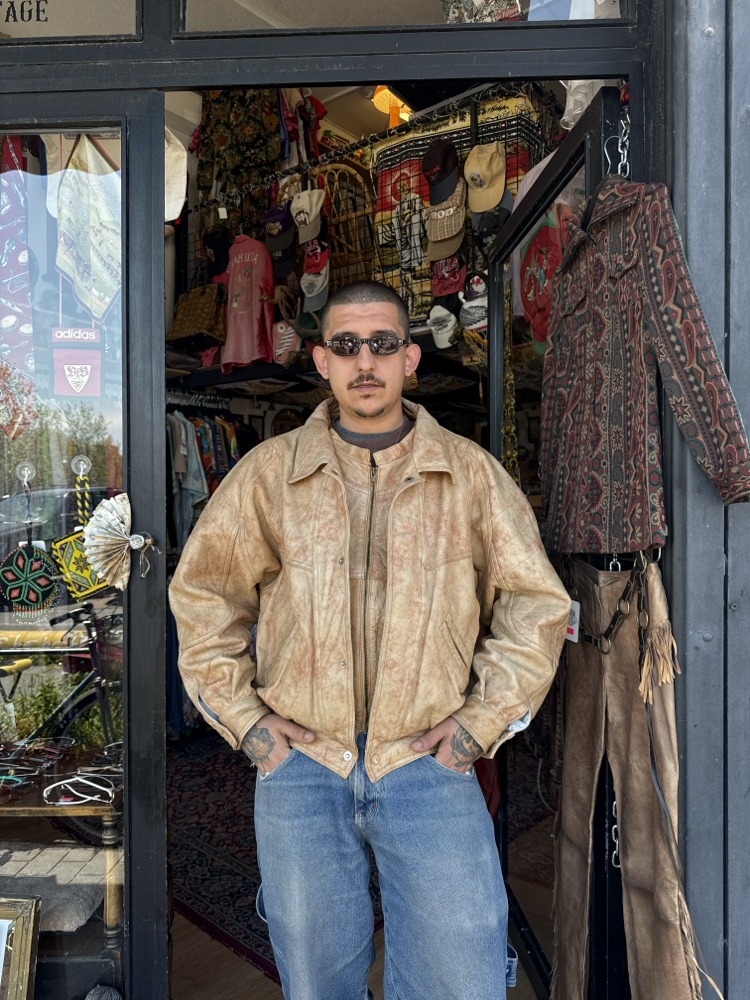 80's Earth Tone Distressed Leather Bomber Jacket
