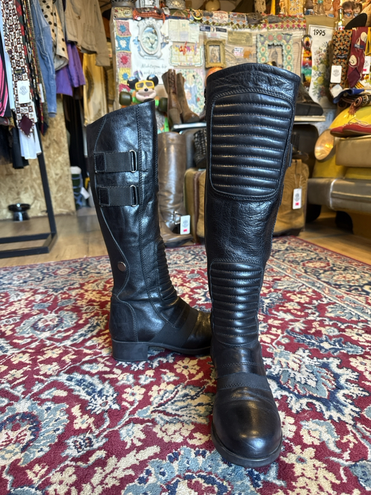Black Leather Moto Knee-High Boots