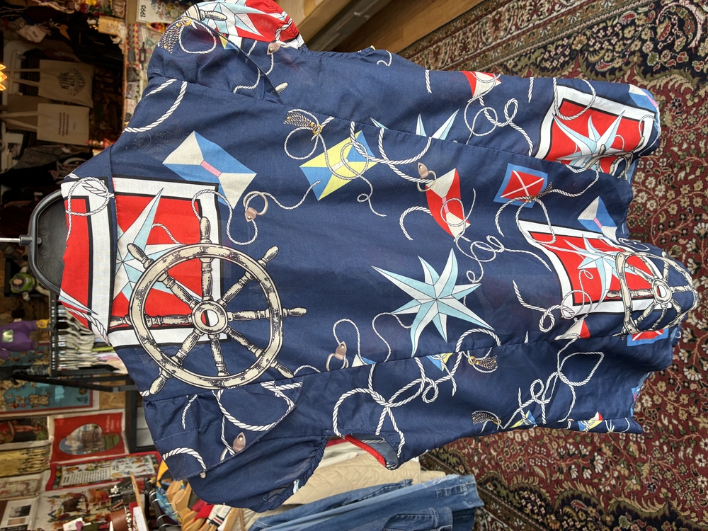 80’s Nautical Print Ruffle Blouse — Navy & Red