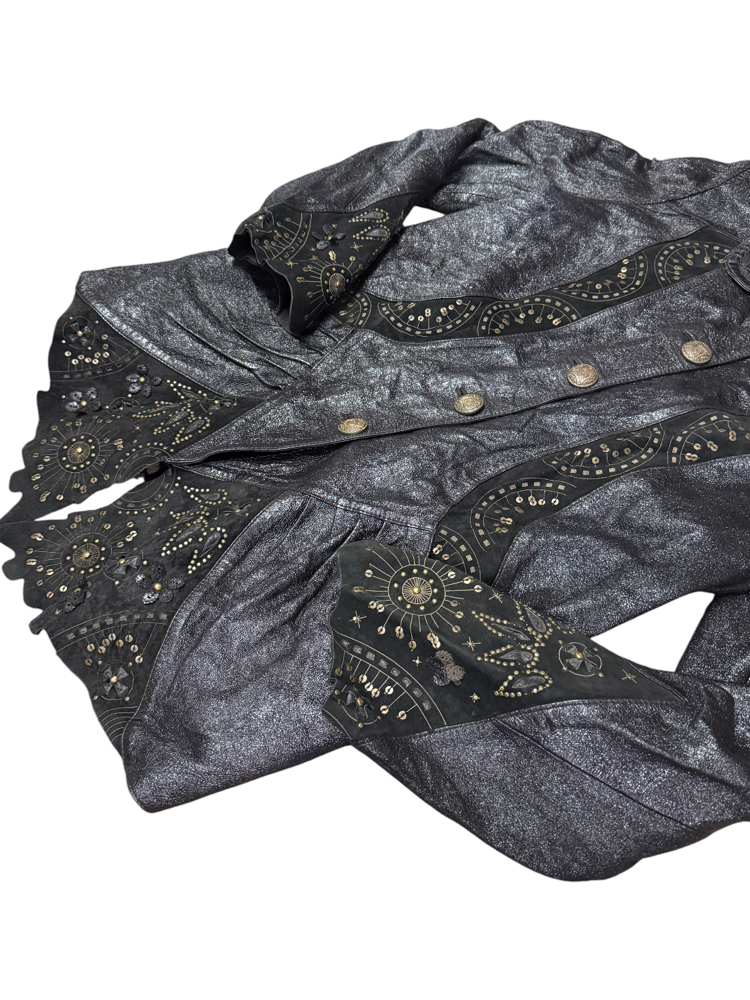 90's Embellished & Sequined Black Leather Jacket