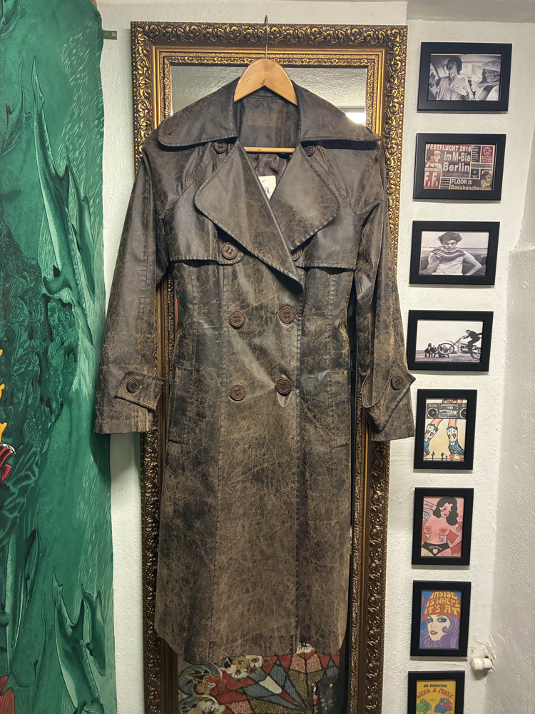 Distressed Faux Leather Trench Coat