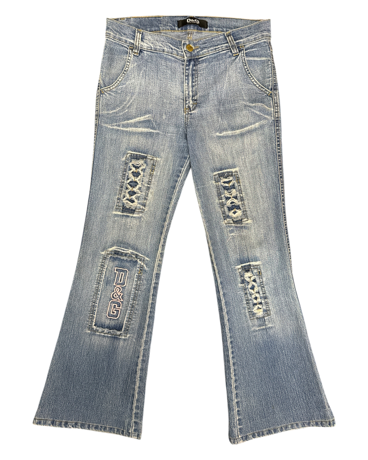 Y2K D&G Lace Patch Flare Jeans