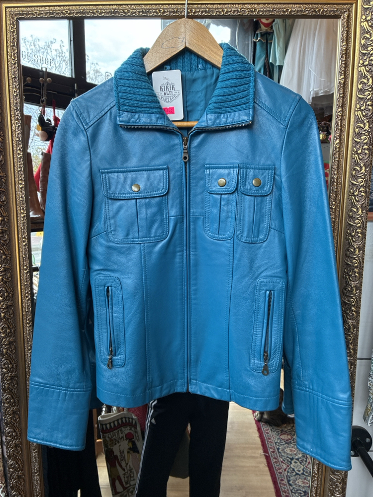 Asymmetric Pocket Teal Leather Jacket