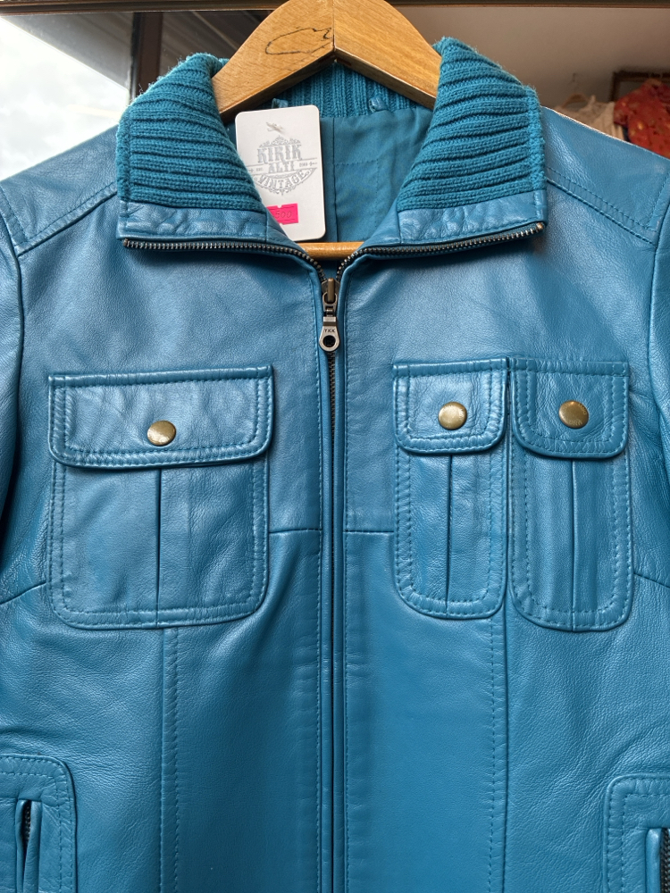 Asymmetric Pocket Teal Leather Jacket