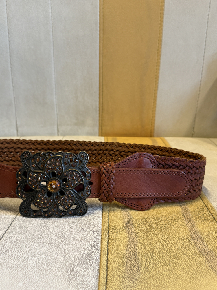 Y2K Vintage Braided Leather Belt – Statement Flower Buckle Wide Brown Belt