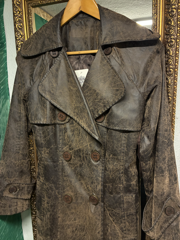 Distressed Faux Leather Trench Coat