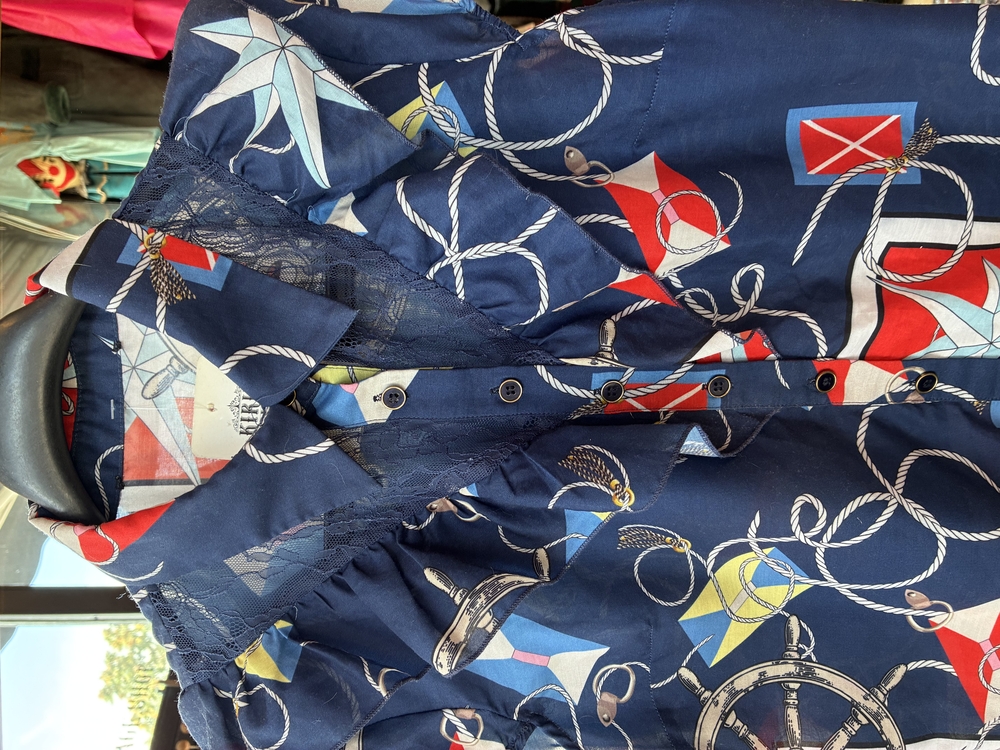 80’s Nautical Print Ruffle Blouse — Navy & Red