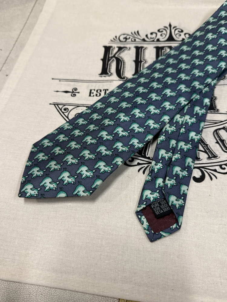 Pink London Green Pigs Silk Tie